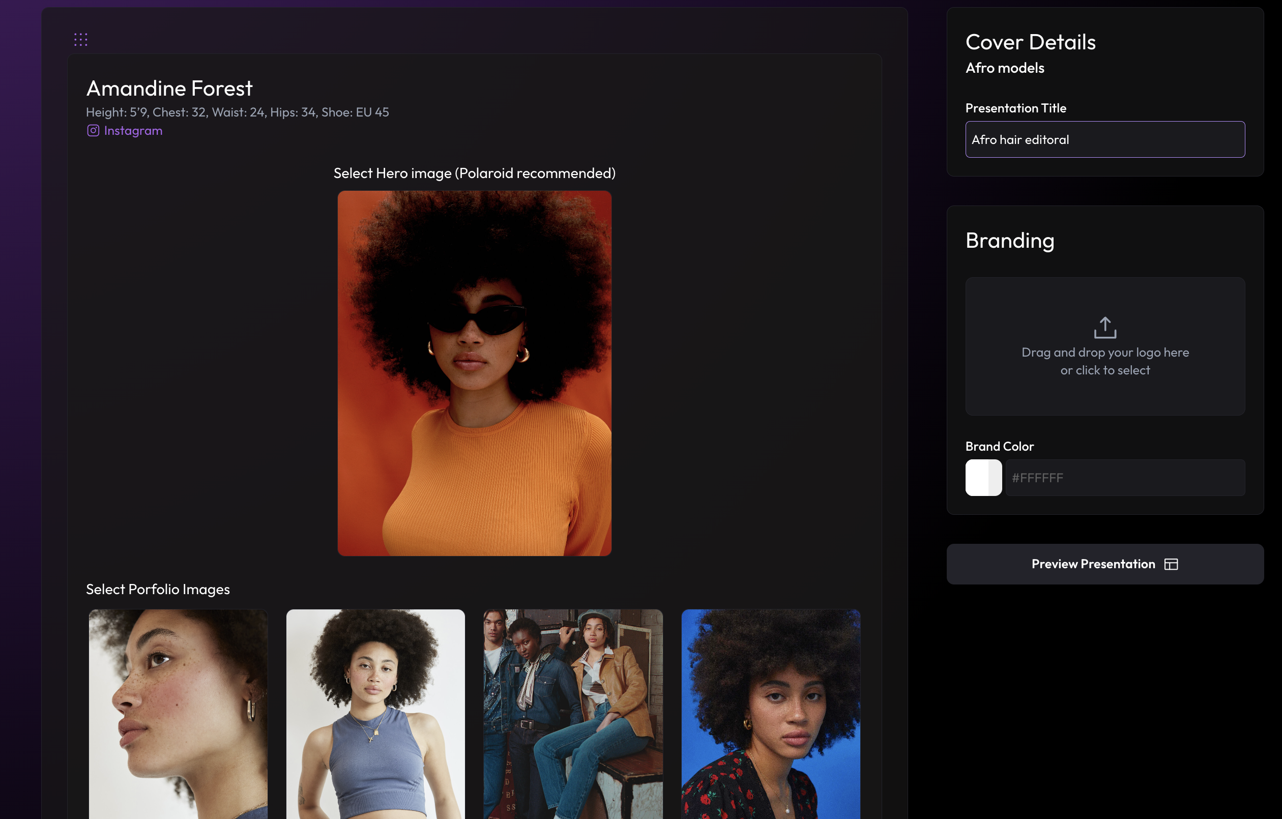 AIDA Deck Creation Interface showing model presentation builder with customization options